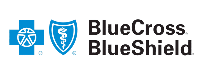 BlueCross BlueShield logo featuring a blue cross with a human figure and a shield with the caduceus symbol. Health insurance provider.
