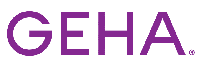 GEHA logo. Text reads "GEHA." Health insurance and benefits provider. Purple text on gray background.