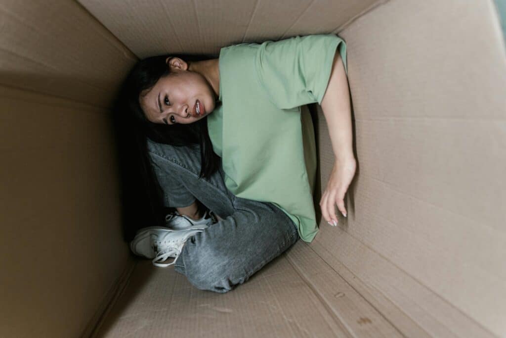 person inside a cardboard box