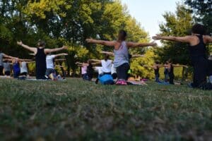 group of women doing yoga