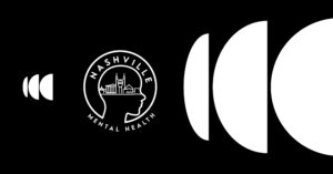 Black banner showing the Nashville Mental Health logo in a white circular emblem inside a head silhouette, with large white arc shapes on the right on a black background.
