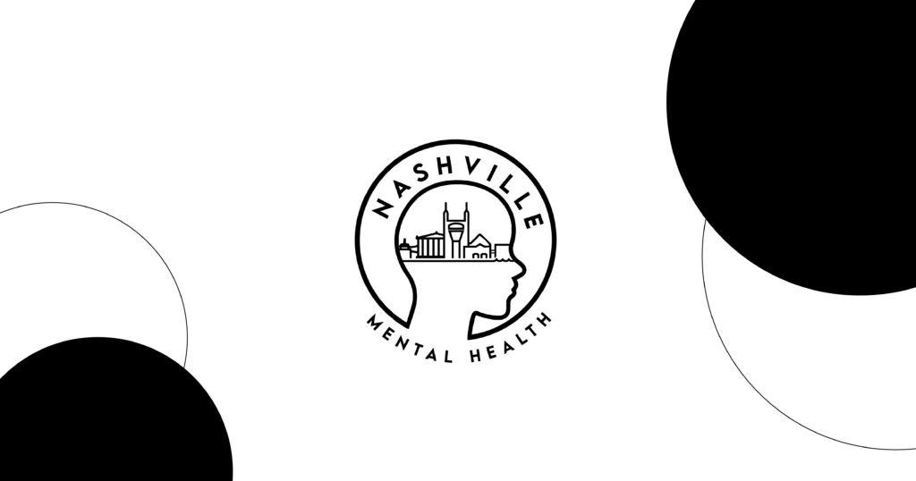 Logo of Nashville Mental Health featuring a brain outline with a city skyline inside and the text Nashville Mental Health on a white background.
