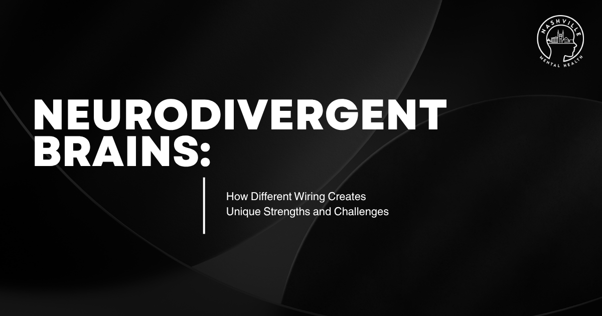 Title slide: ‘Neurodivergent Brains: How Different Wiring Creates Unique Strengths and Challenges’ on a dark abstract background with a small circular logo in the top-right corner.