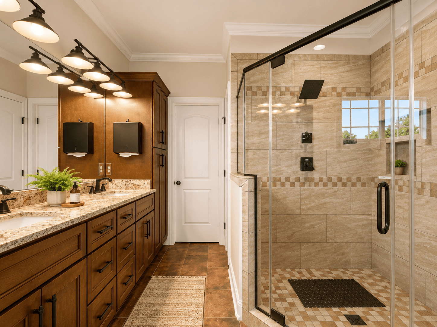Luxurious bathroom with a double vanity, dark wood cabinets, granite countertop, and a glass-enclosed tiled shower.