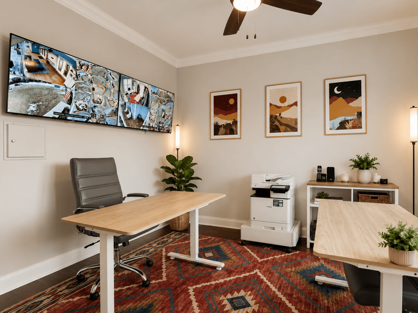Long wall-mounted monitor wall displaying security camera feeds, with a gray office chair and wooden desk nearby.