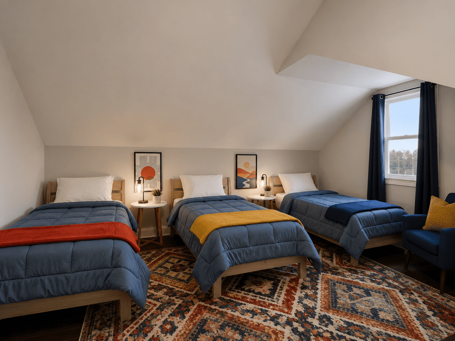 Three single beds with blue duvets and white pillows in an attic bedroom, each with a small round nightstand, lamp, and plant between them.