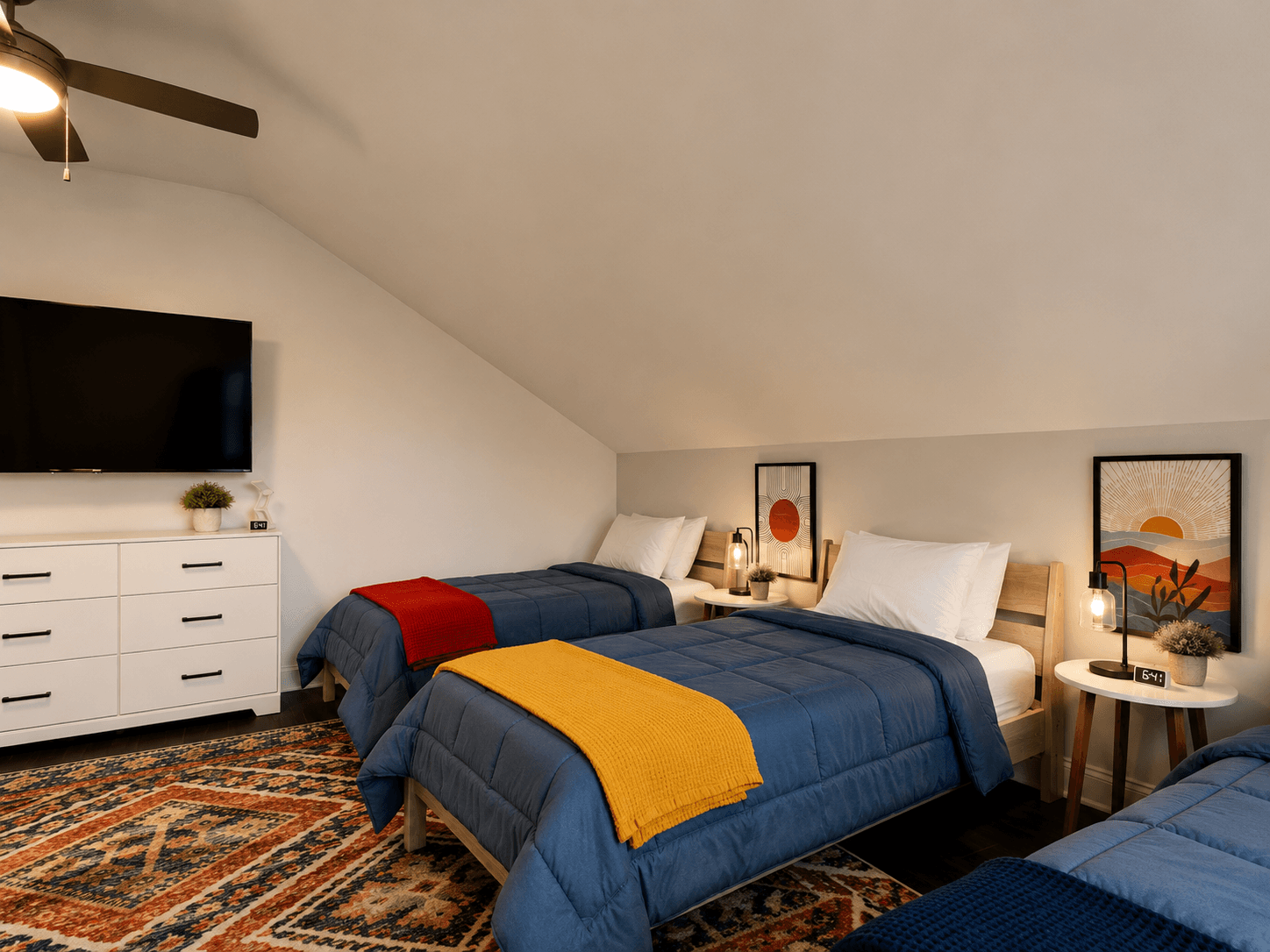 Twin bedroom with blue duvets, orange and yellow throws, ceiling fan, dresser, TV, and framed art.