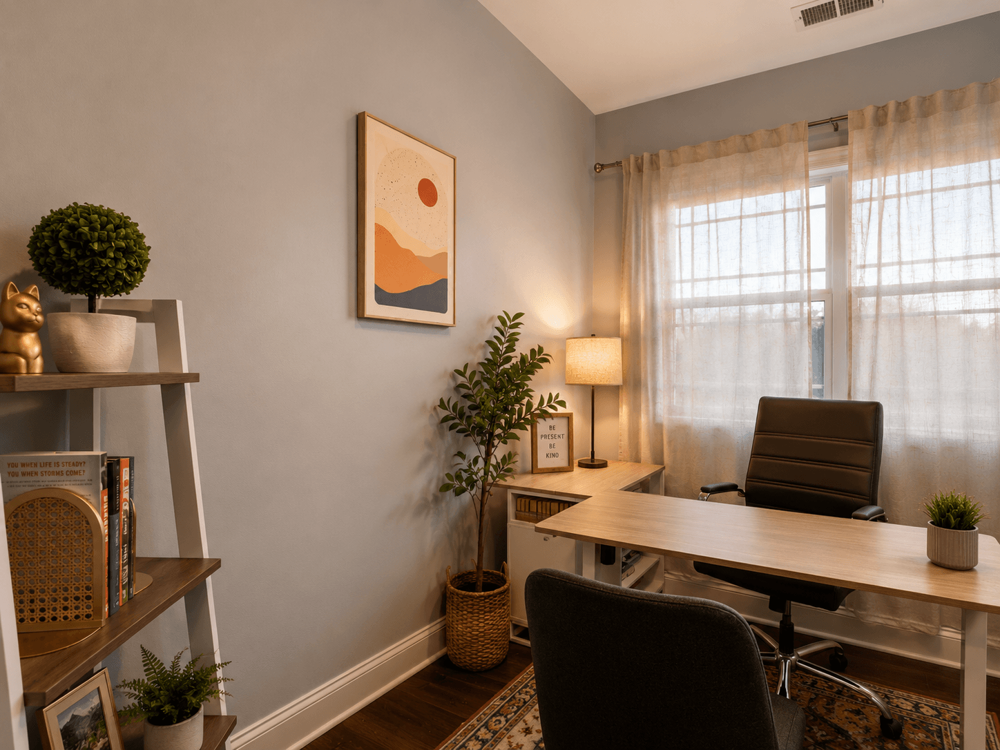 Cozy home office with a wooden desk, black swivel chair, and a window with sheer curtains letting in soft light.