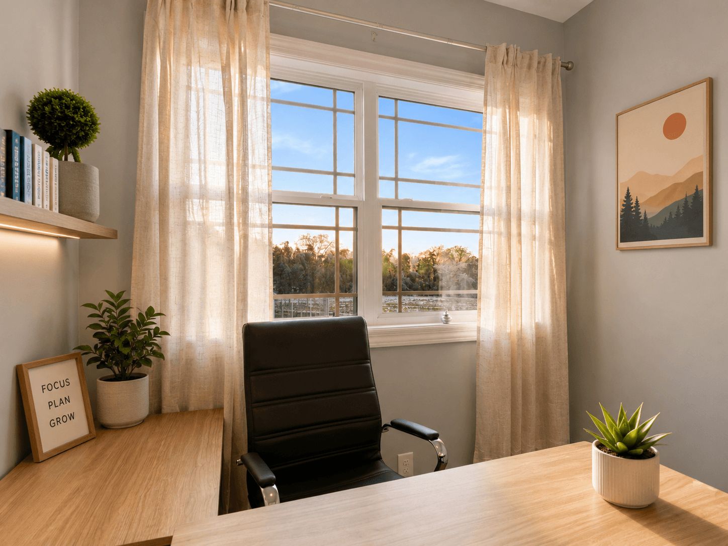 Bright home office with a wooden desk, black ergonomic chair, and a large window with sheer beige curtains letting in warm light.