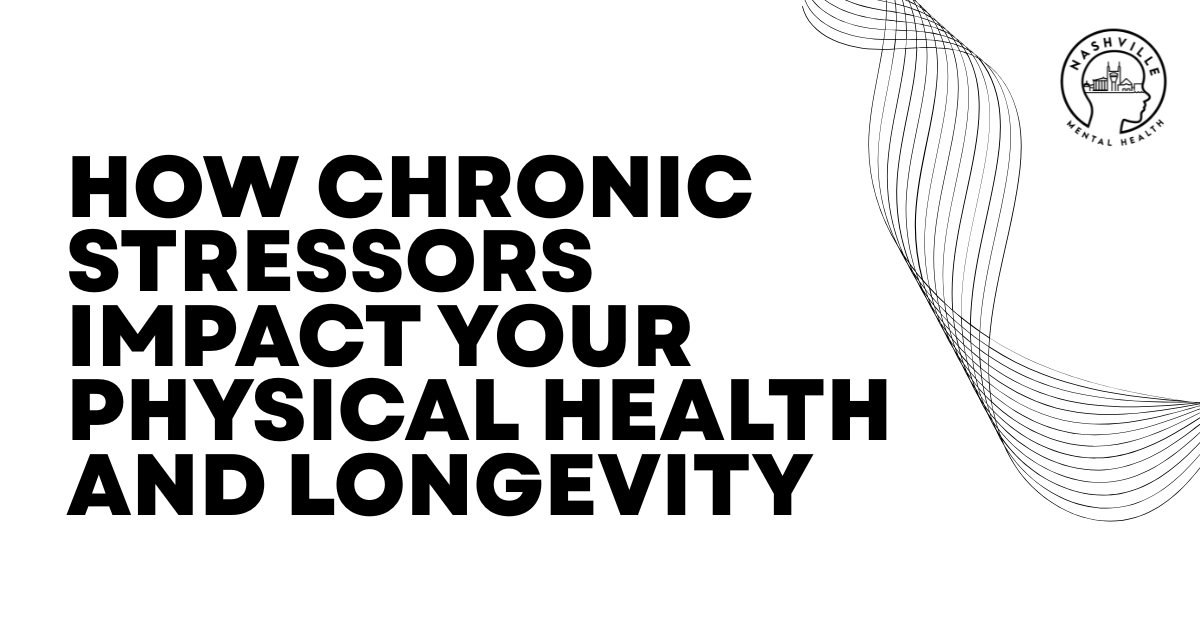 Bold banner headline: 'How Chronic Stressors Impact Your Physical Health and Longevity' with abstract line art on the right and Nashville Mental Health logo.