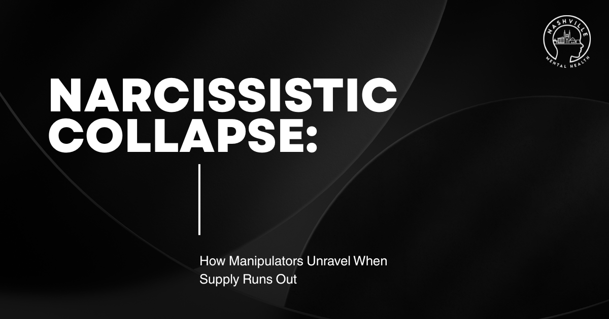 Slide: 'NARCISSISTIC COLLAPSE:' with subtitle 'How Manipulators Unravel When Supply Runs Out' and logo in top-right corner.